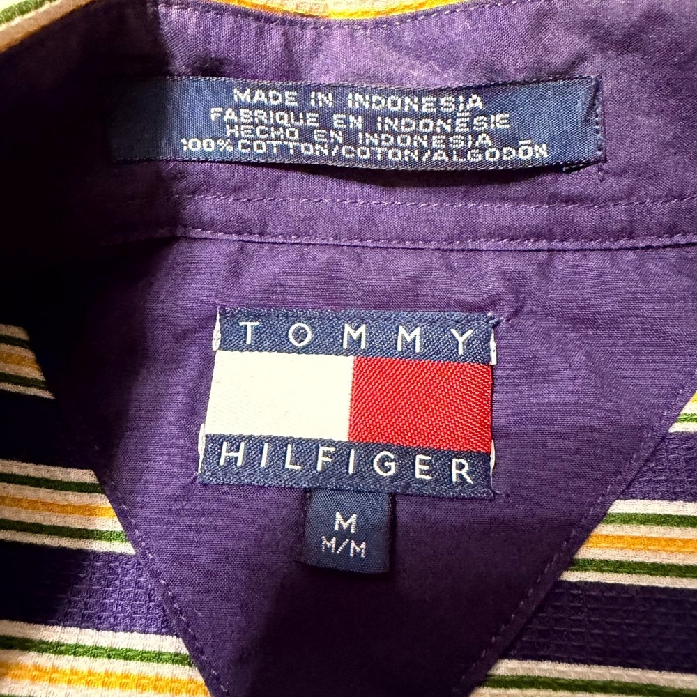 Tommy Hilfiger Shirt Mens Medium Yellow & Purple Striped 100% Cotton Button-Down